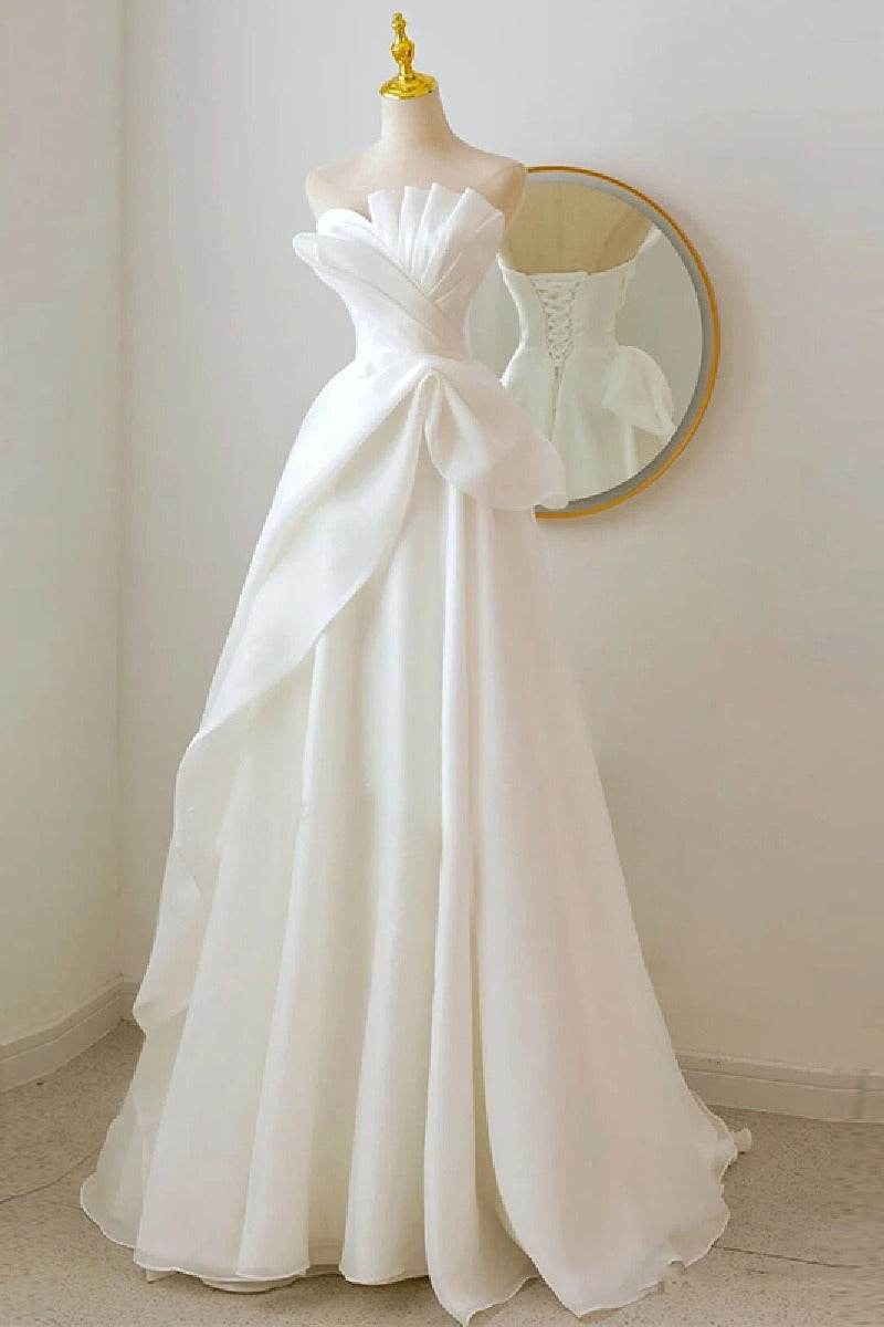 A-Line Sweep-Brush Train Organza Satin Wedding Dress 724137910656 - COCOMELODY